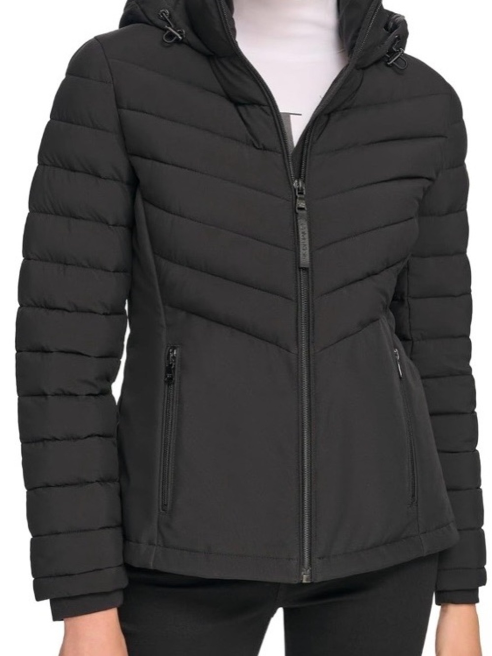 Calvin Klein Black Chevron Quilted Hooded Puffer Jacket - Like New